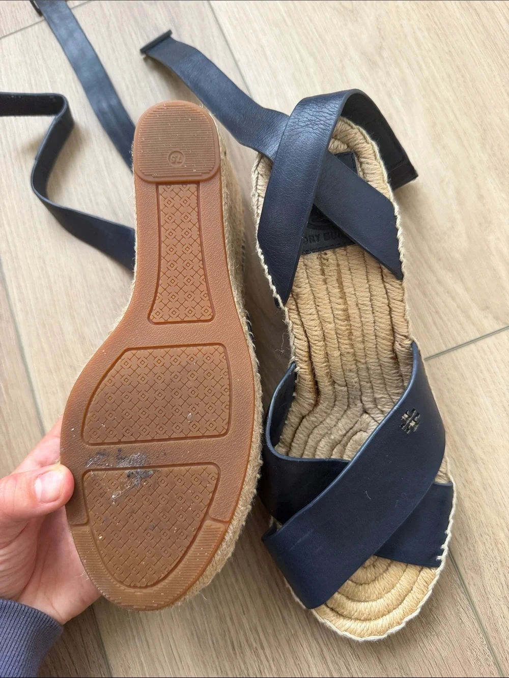 Tory Burch Navy Leather Crisscross Espadrille Wedges